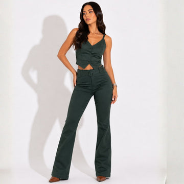 Calça Flare Encerada c/ Frente Lisa Verde Militar - RX5007VDM