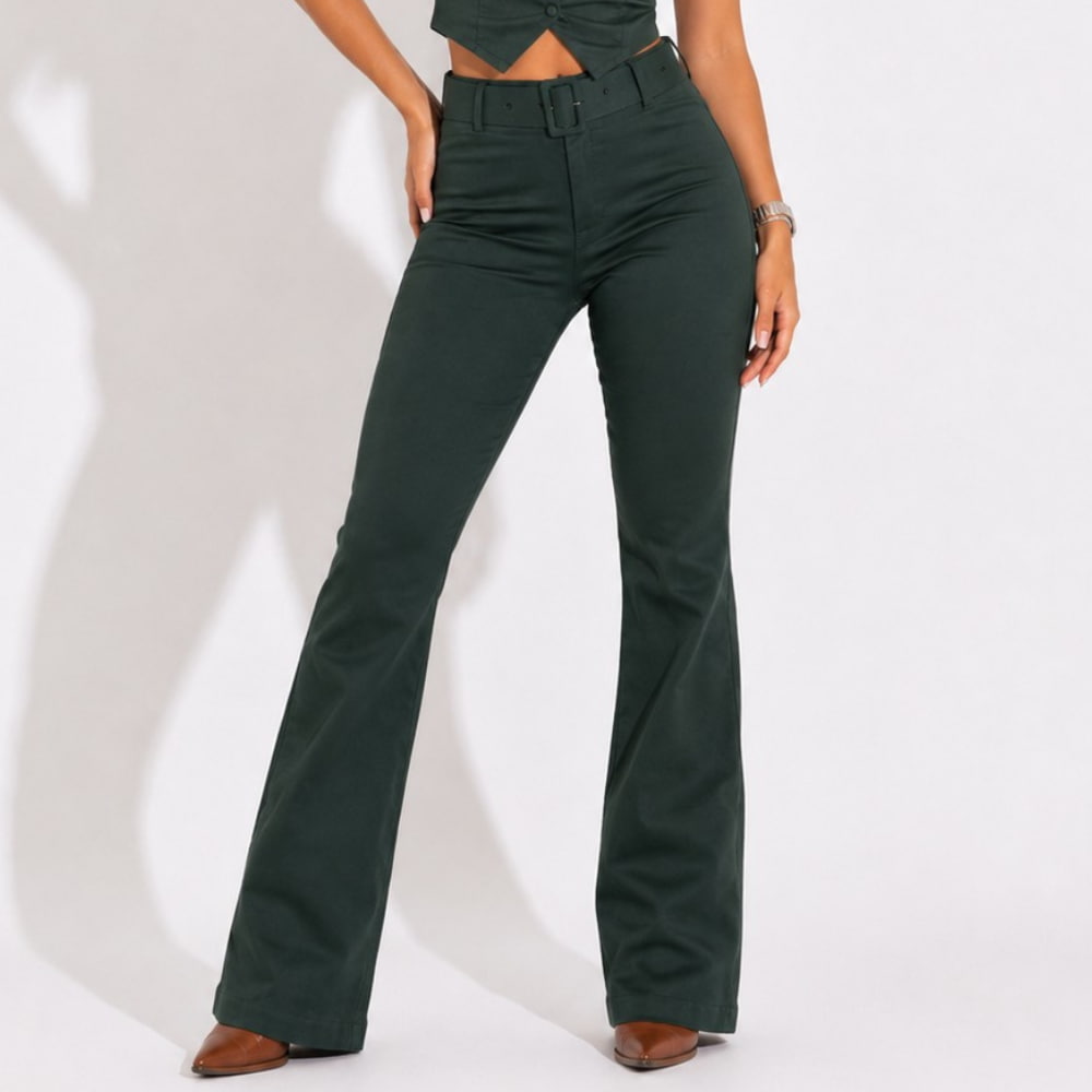 Calça Flare Encerada c/ Frente Lisa Verde Militar - RX5007VDM