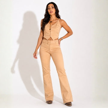 Calça Flare Encerada c/ Frente Lisa Creme - RX5007CRM