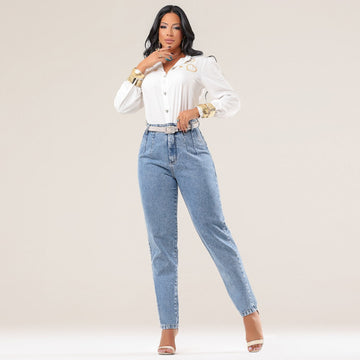 Calça Jeans Mom Cintura Alta c/ Pences Clara - RX6003