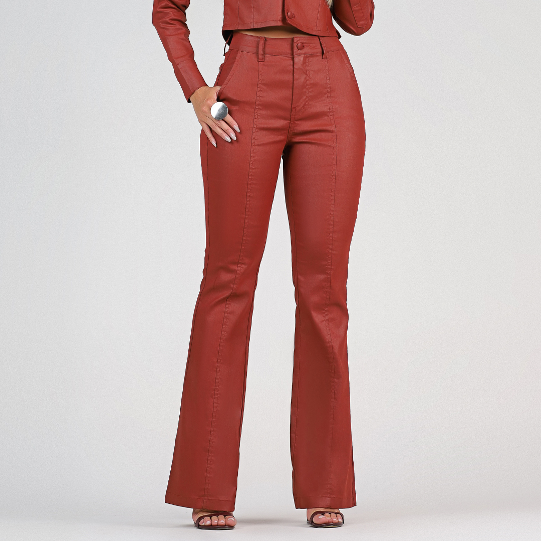 Calça Flare Encerada Bolso Faca Marsala Bruxelas - RX5008MSL