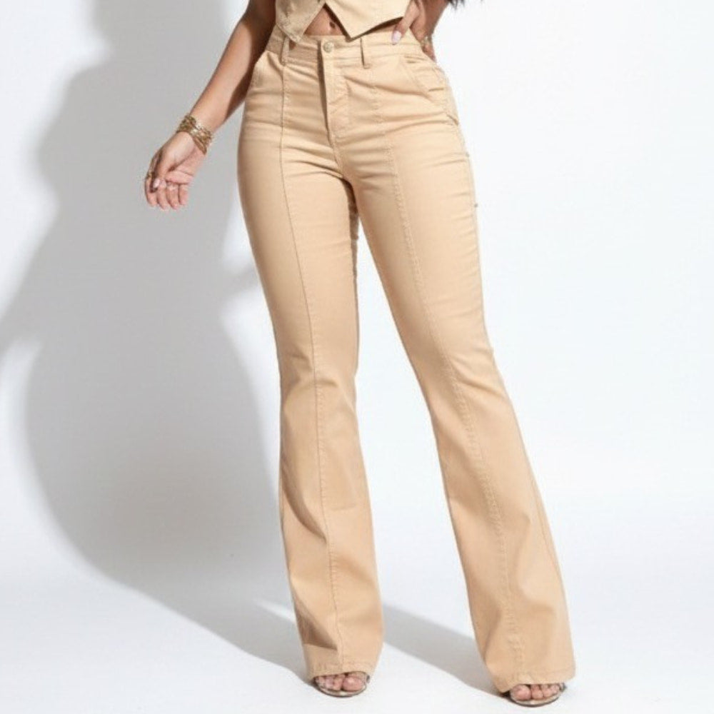 Calça Flare Encerada Bolso Faca Bege - RX5008BGE