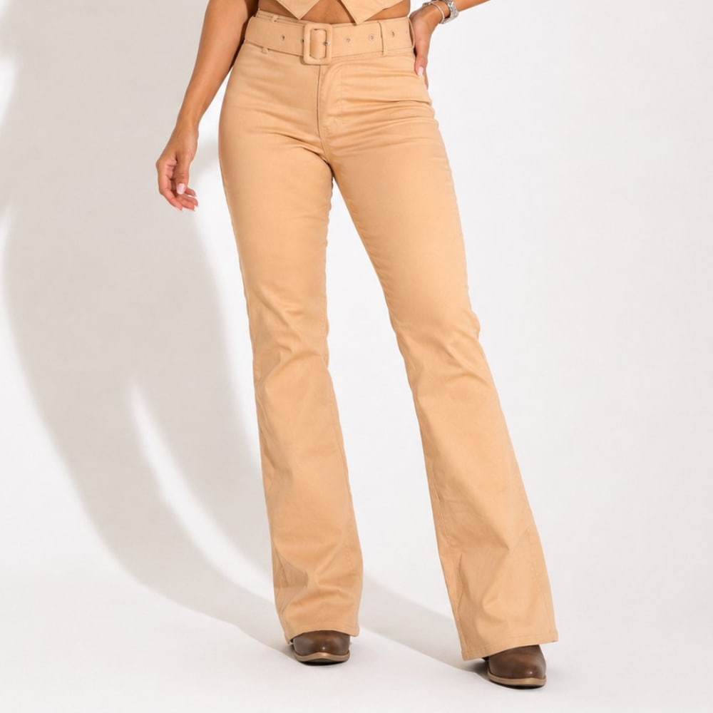 Calça Flare Encerada c/ Frente Lisa Creme - RX5007CRM