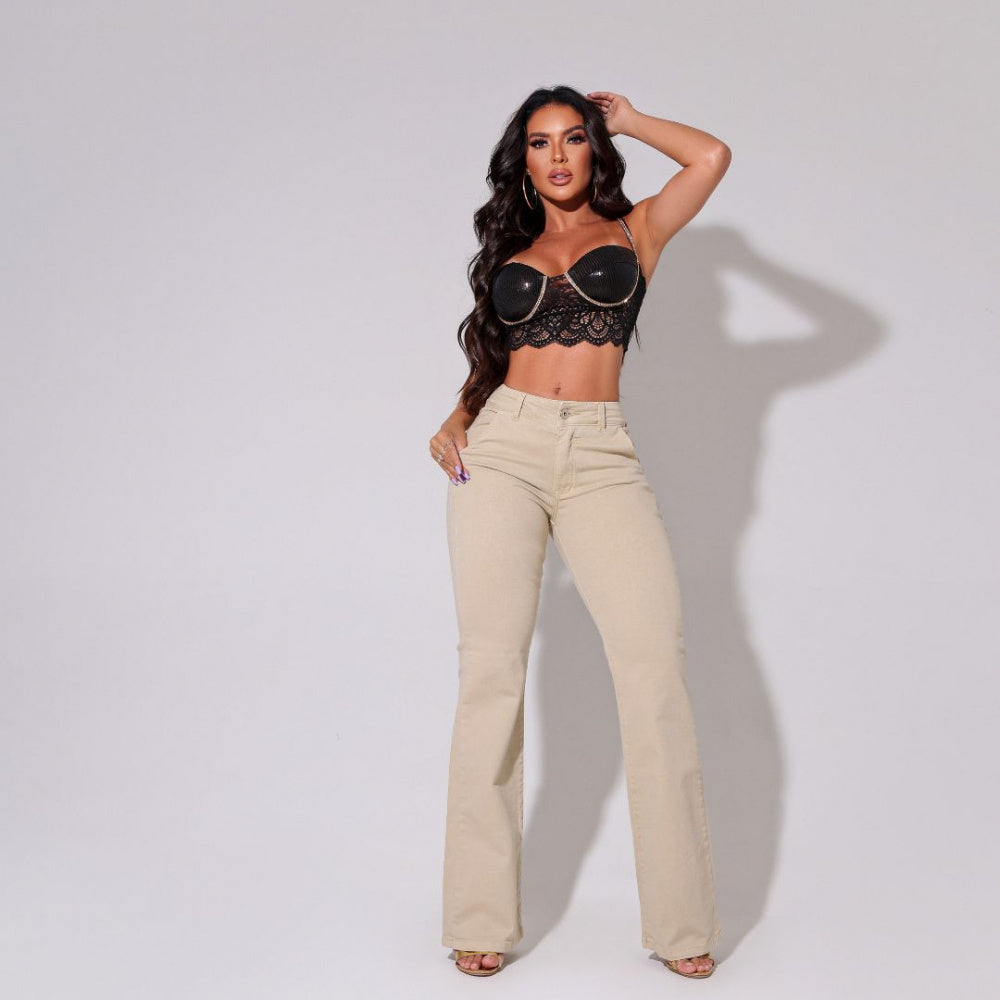 Jeans Flare Shaping Mujer Caqui Alfaiataria Verona - RX4087