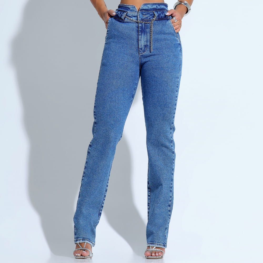 Calça Jeans Feminina Reta Cós Alto c/ Corrente - RX4039