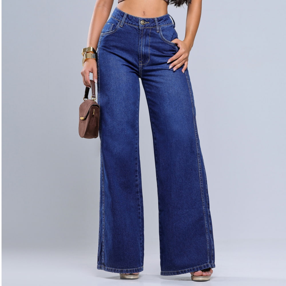 Calça Jeans Wide Leg Cintura Alta Recorte Lateral - RX3003