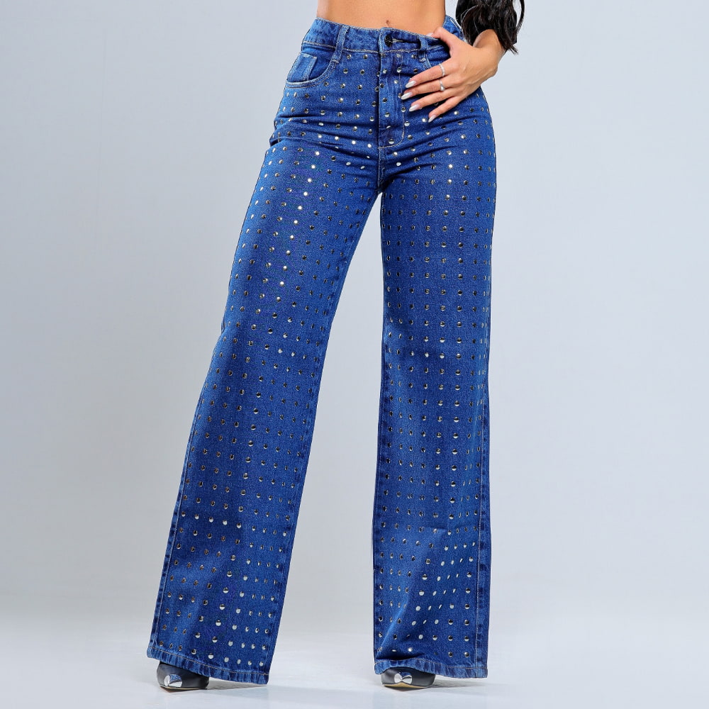 Calça Jeans Wide Leg Cintura Alta Strass Sextavado - RX3402