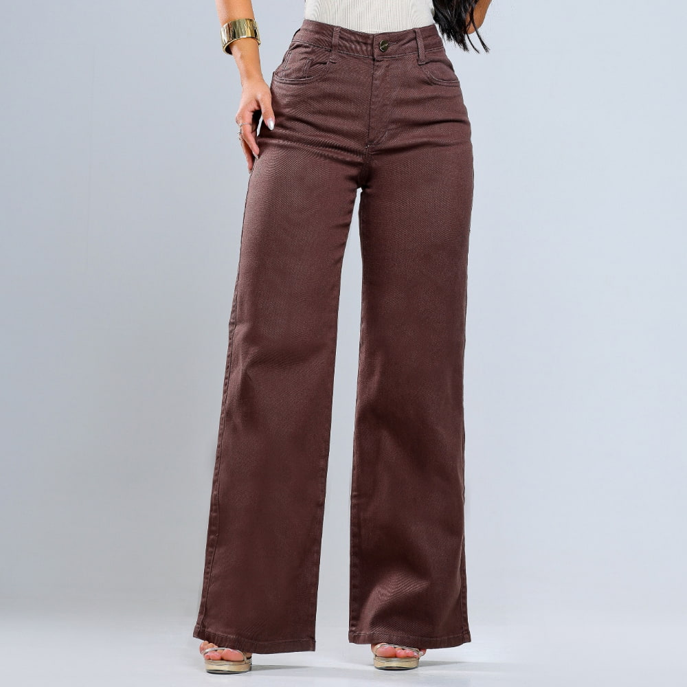 Calça Jeans Wide Leg Cintura Alta Bordô - RX5011