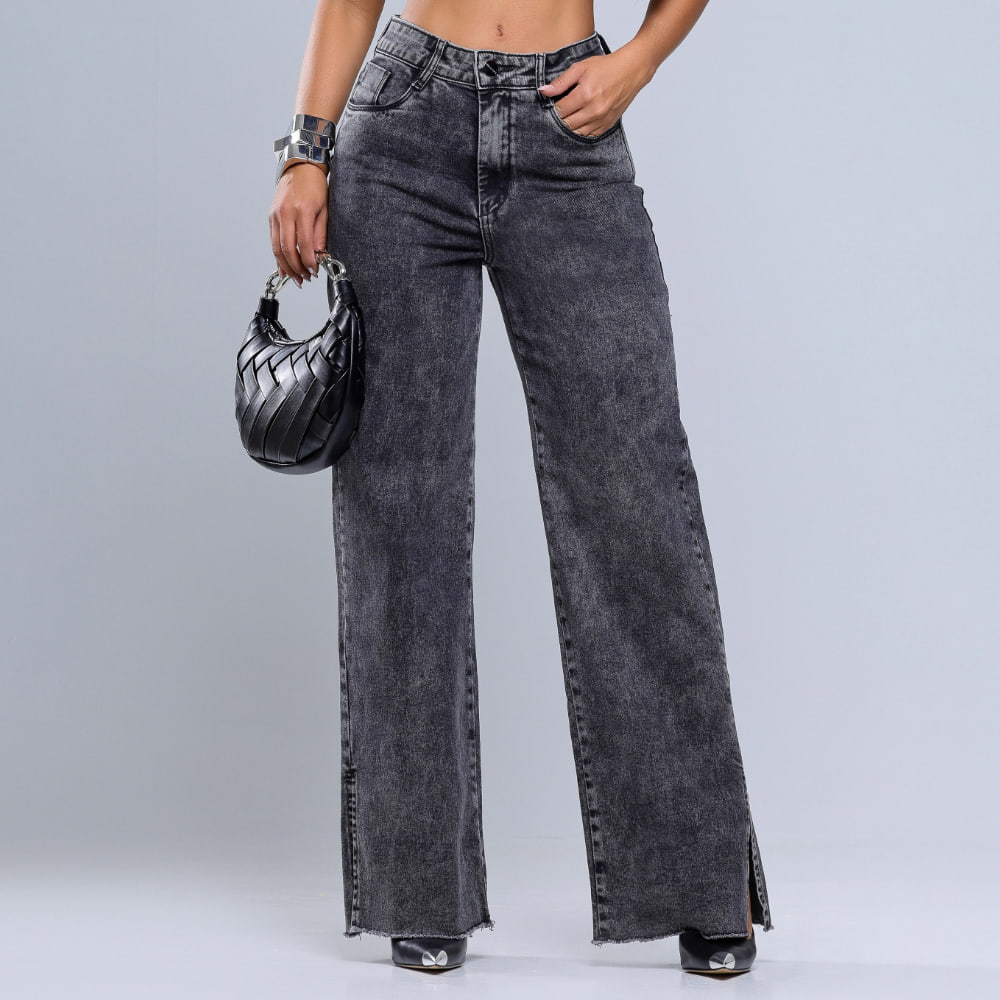Calça Jeans Wide Leg Cintura Alta Preto Estonado - RX8007