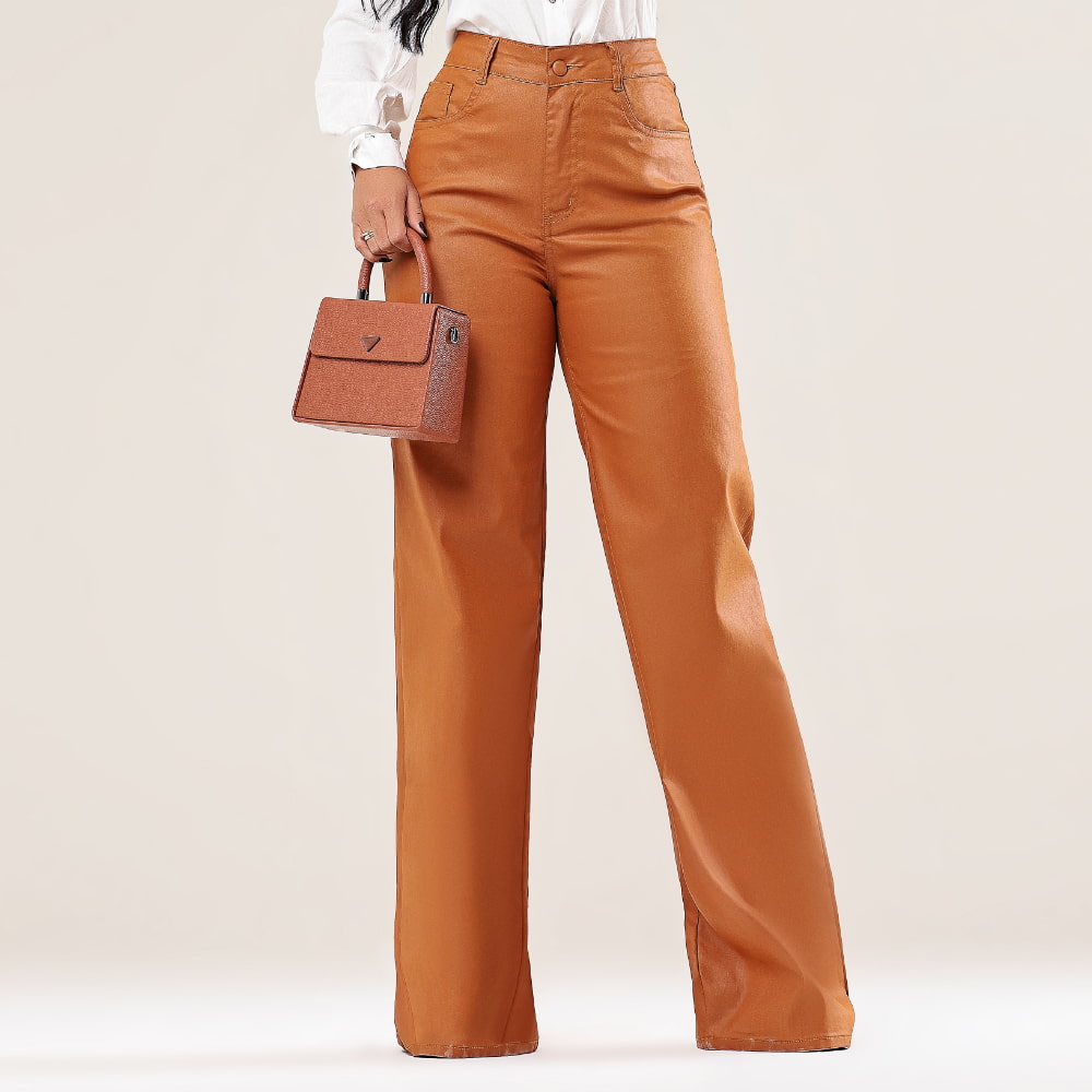 Calça Encerada Feminina Wide Leg Caramelo - RX8008CR