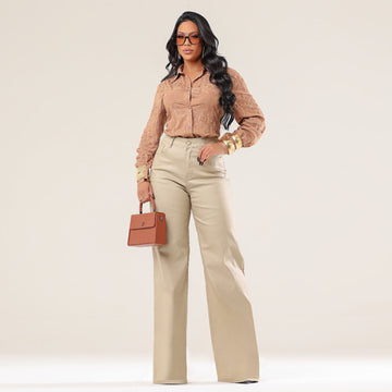 Calça Encerada Feminina Wide Leg Palha - RX8008PLH