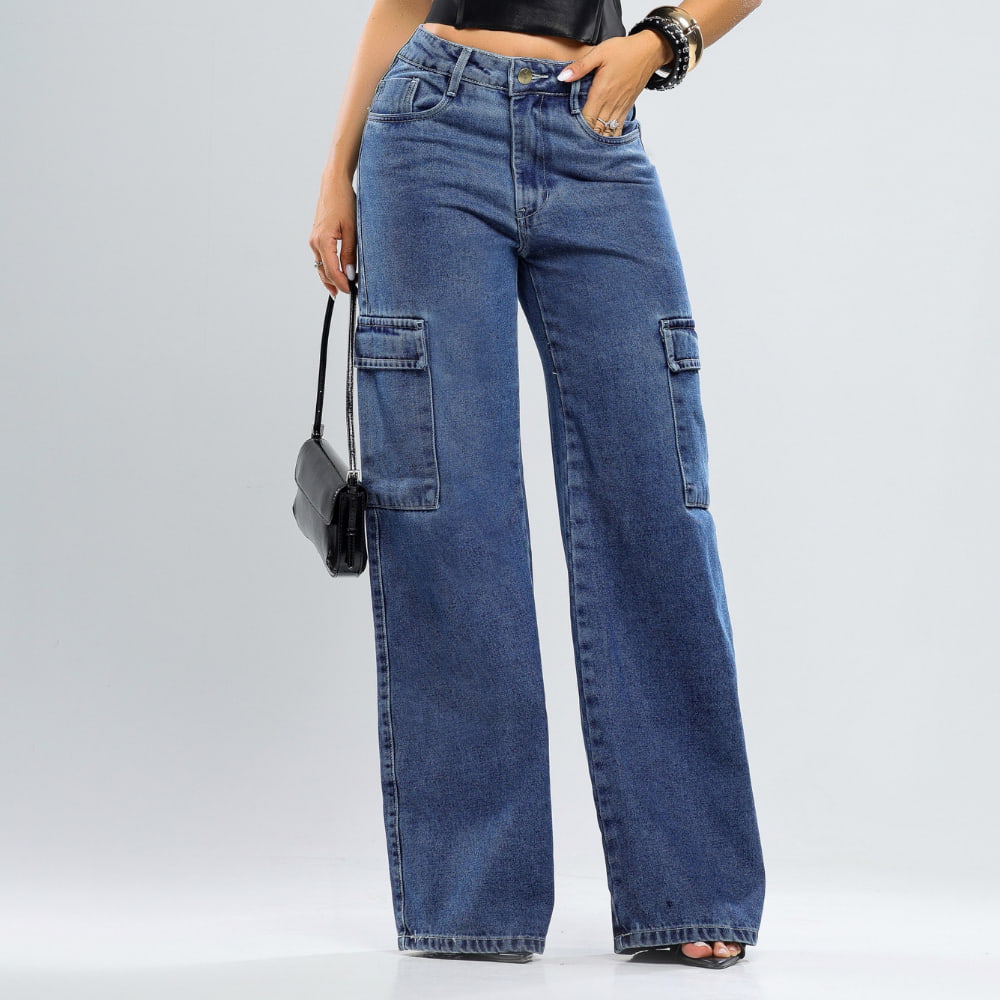 Calça Jeans Wide Leg Cargo 100% Algodão - RX1607